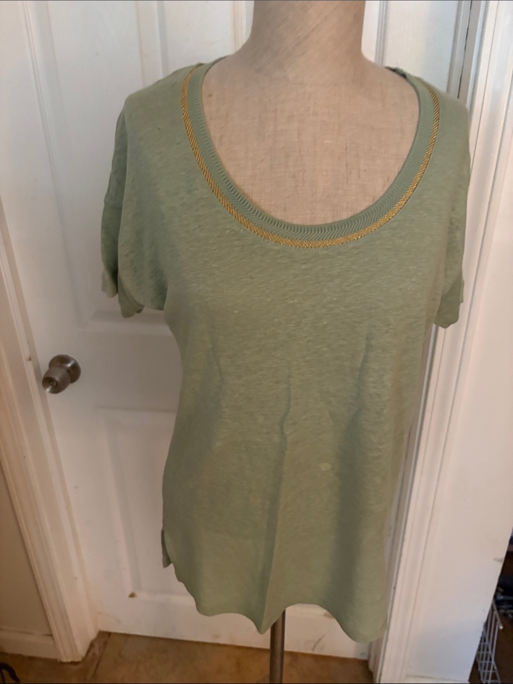 Chico's Sage Green Scoop Neck Tee with Gold Trim